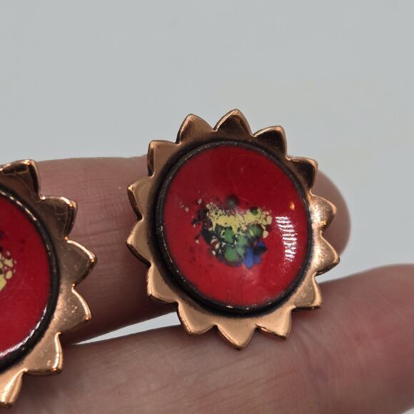 Vintage Matisse Enamel On Copper w/ Red Centers Clip On Earrings Mid Century - Picture 3 of 5